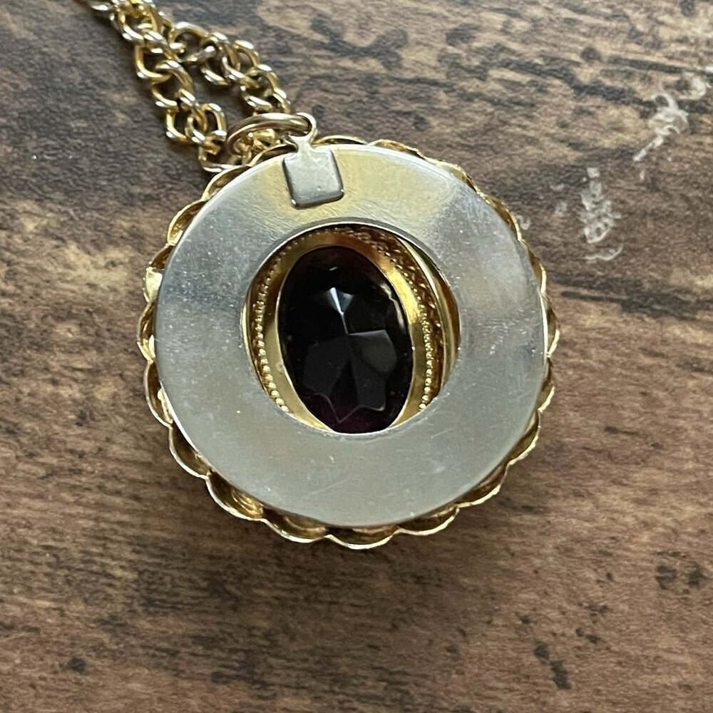 Vintage 70s Victorian Revival Necklace 24" Triple Strand Gold Tone Purple Glass - Picture 10 of 12